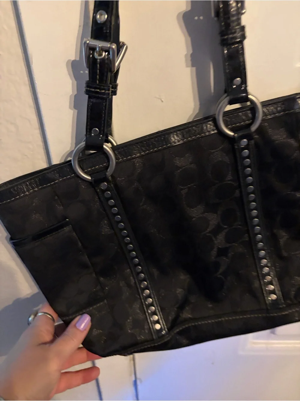 Black Signature Coach Tote Bag with Studded Trim